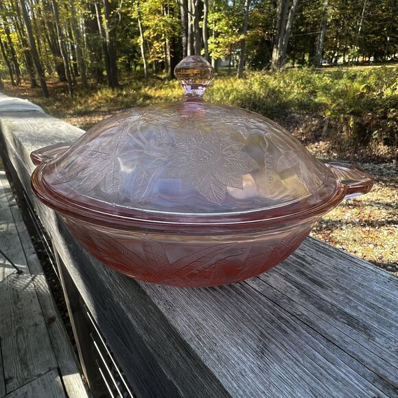Vintage Jeannette Floral Poinsettia Pink Depression Glass  Vintage Pink Depression Glass Covered Serving Bowl-Jeannette Glass-Pointsetta